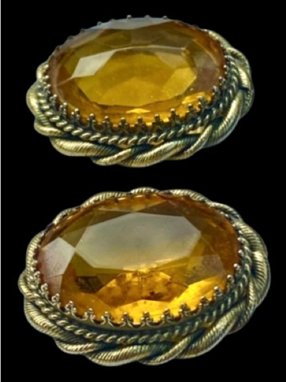 Vtg Whiting & Davis Co. Gold Frame Topas Colored Faceted Glass Clip-on Earrings